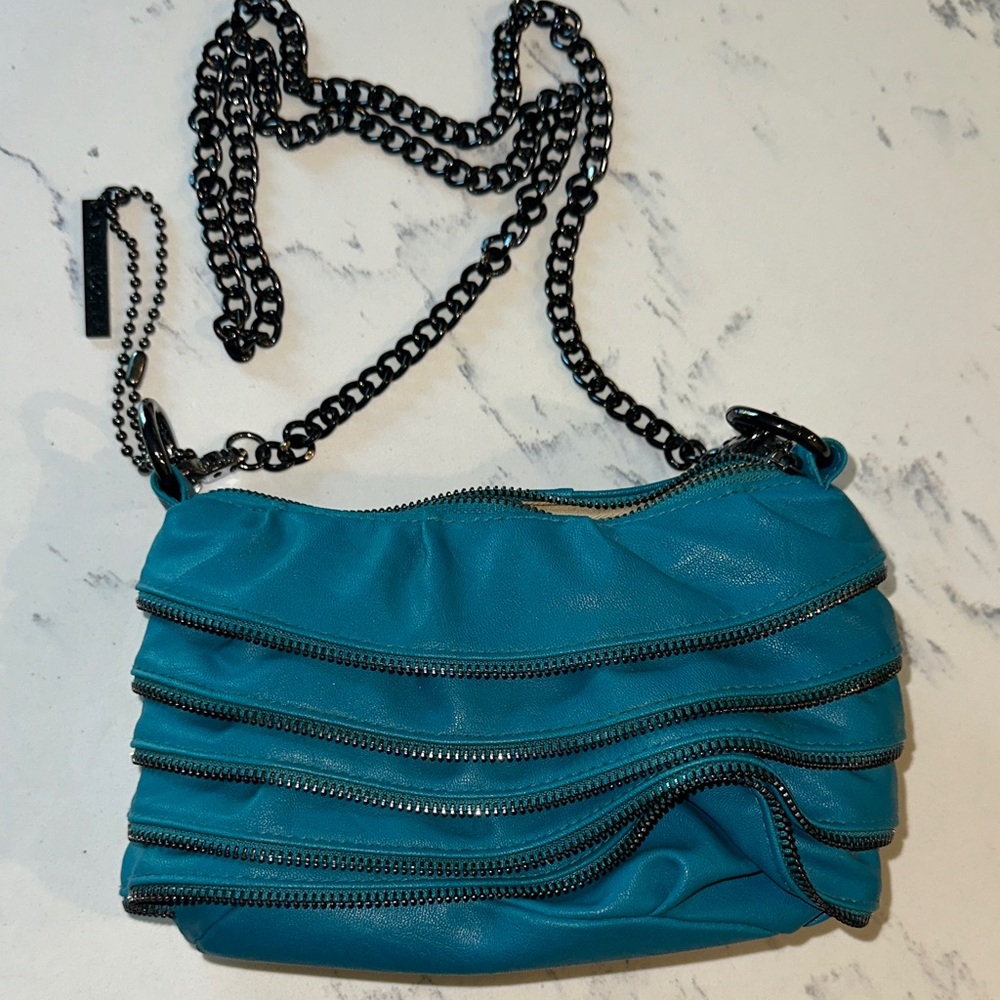 Cynthia Rowley Vintage Y2K Teal Turquoise Zipper Mini Purse with Long Chain